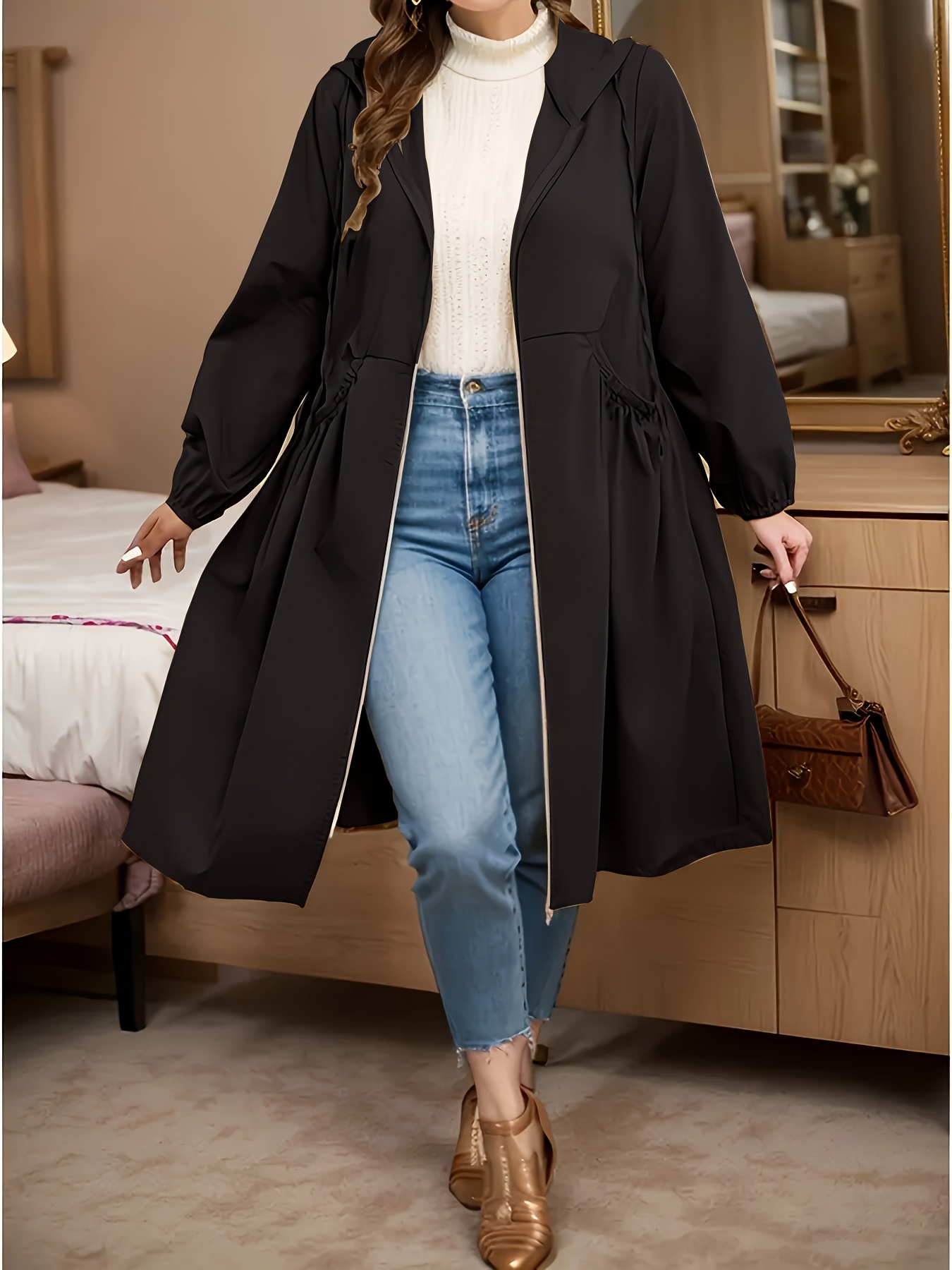womens plus size trench coat casual zip up hooded windbreaker with pockets long sleeve machine washable polyester   for spring comfortable fashion   coat stylish windbreaker windbreaker jacket eilly  
