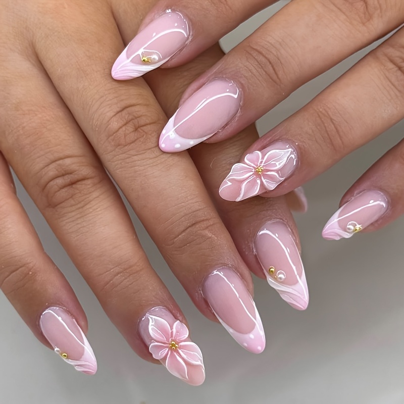 E-shop 30 elegante, französische, mittelgroße, mandelförmige, aufdrückbare Nägel mit Blumenmuster, ein wiederverwendbares, vollständig abdeckendes