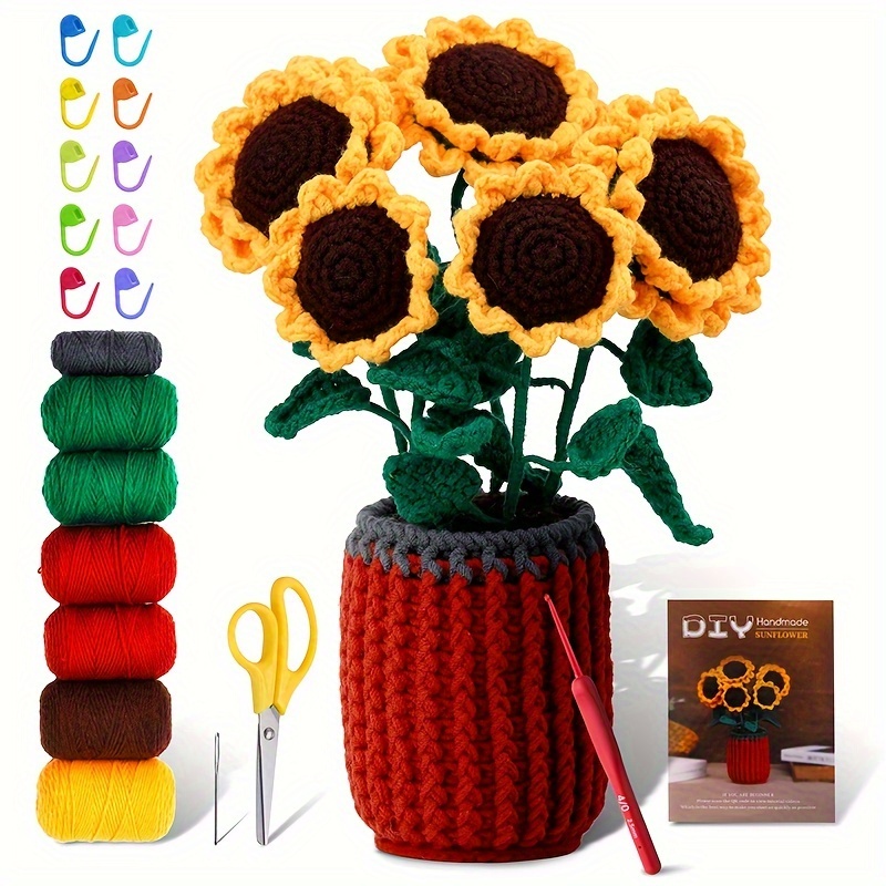 Kit de ganchillo para principiantes, kit de tejido de ganchillo hecho a  mano con plantas de girasol en maceta, kit de tejido para principiantes de