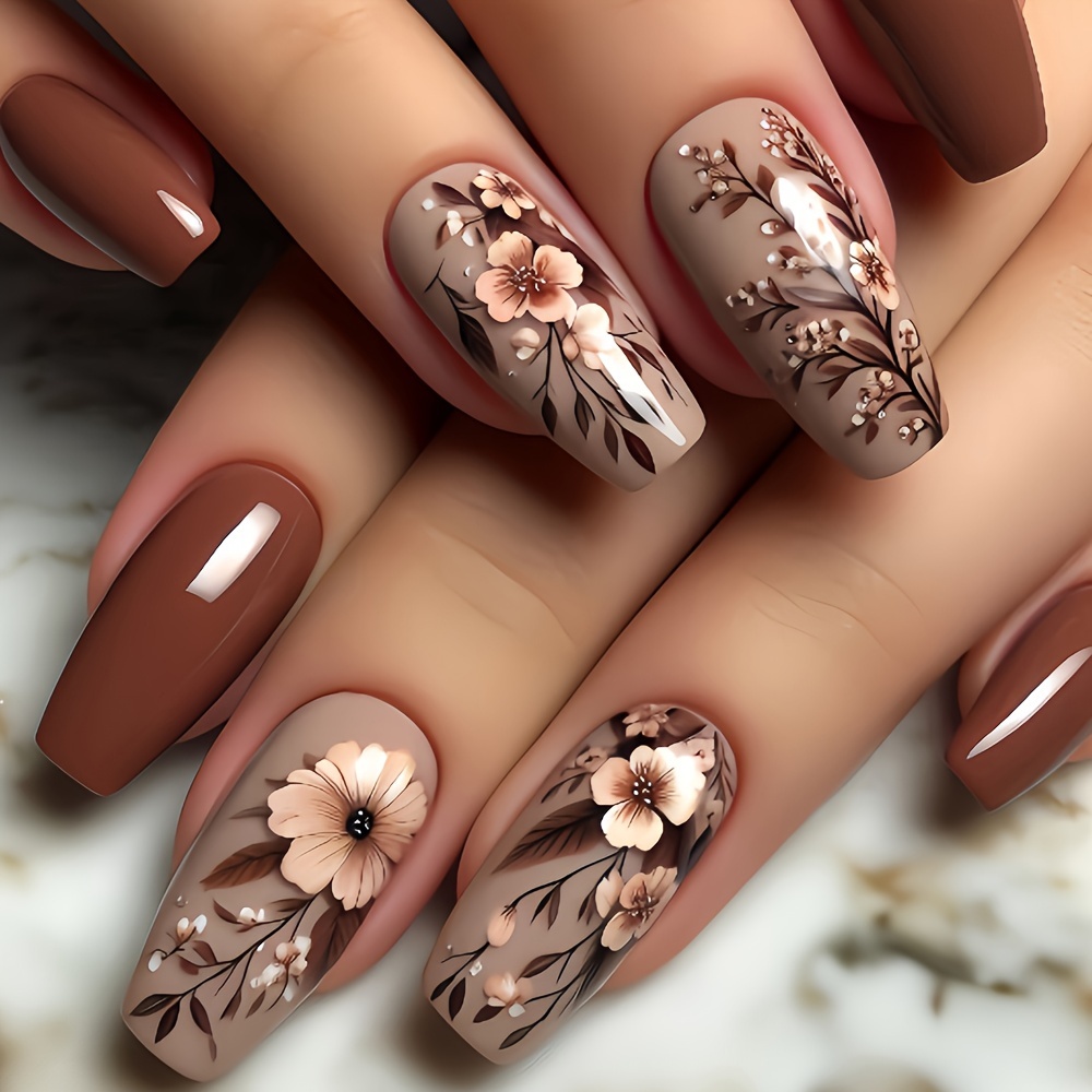 

24pcs Per Box Press-on Long Ballet Red-brown Suitable For Autumn And Fake Nails Flowers Leaves Wear Nails Suitable For Women And Girls Dating Removable Set Comes With Jelly Glue And File