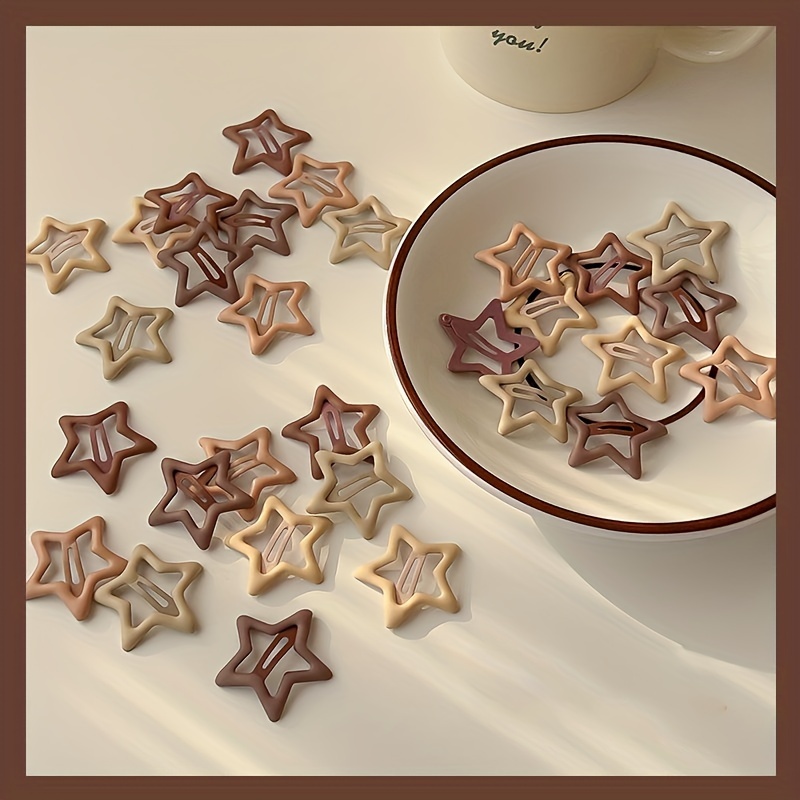 

18pcs Cute Star-shaped Frosted Hair Clips Set - Milk Coffee Color, Alloy Bb Snap Clips For Side Bangs & Flyaways