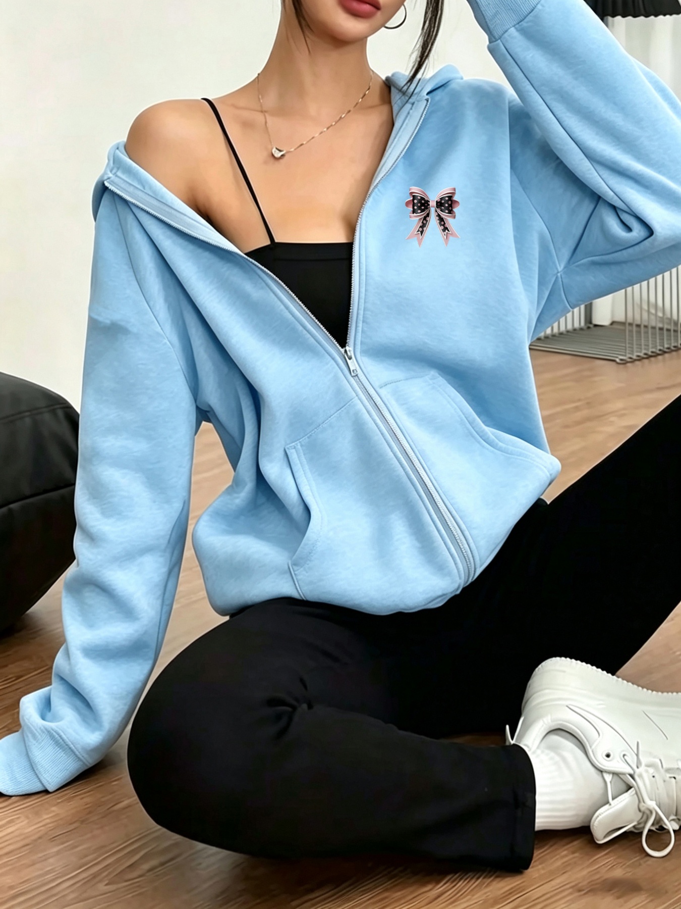 item picture zip up sweatshirt with   and pink polka dot bow cartoon print autumn winter womens apparel multiple colors  