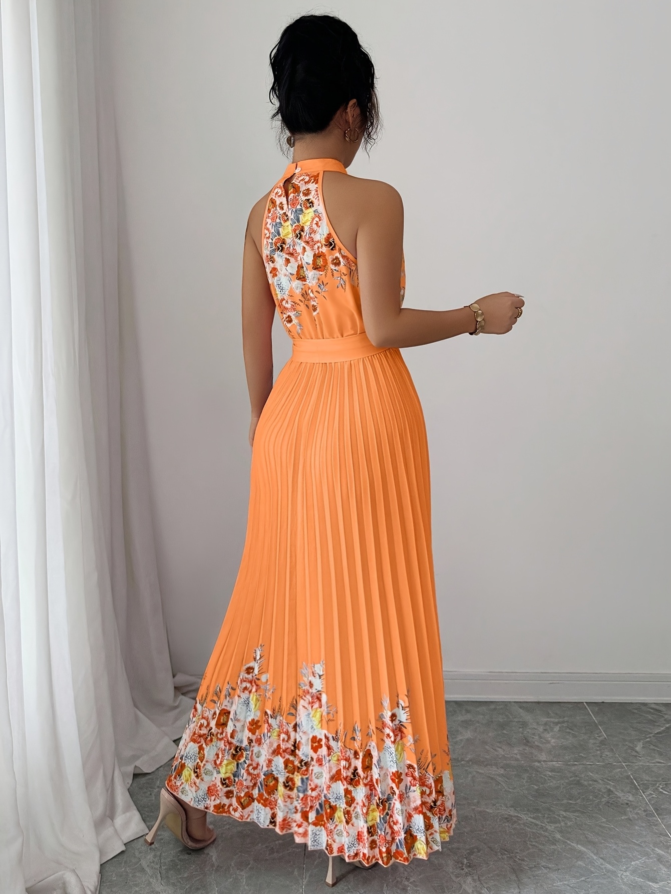 Fashionable New Women'S Summer Halter Floral Print Pleated Dress