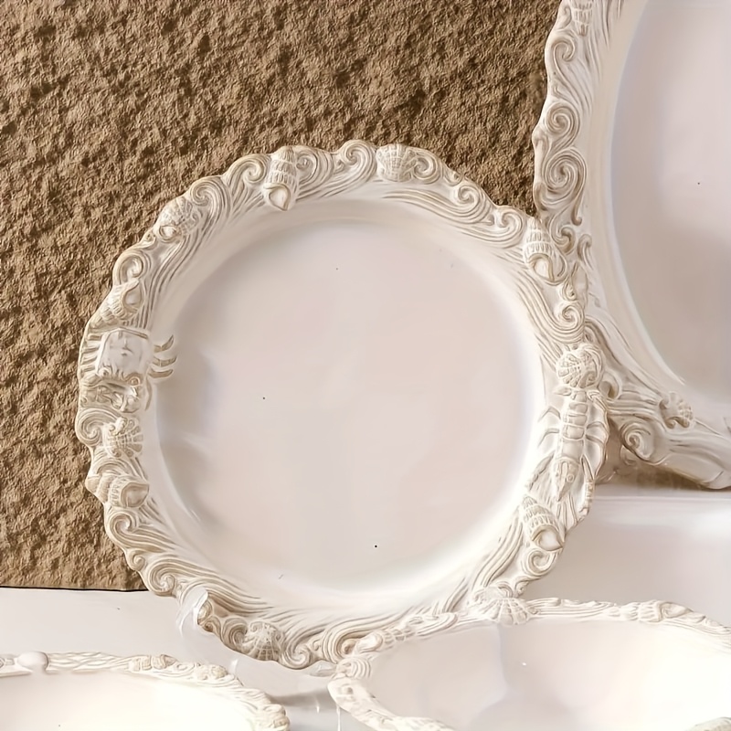 Set of 2 Vintage-Style Embossed Ceramic 10-Inch Round Plates for Steak And Pasta