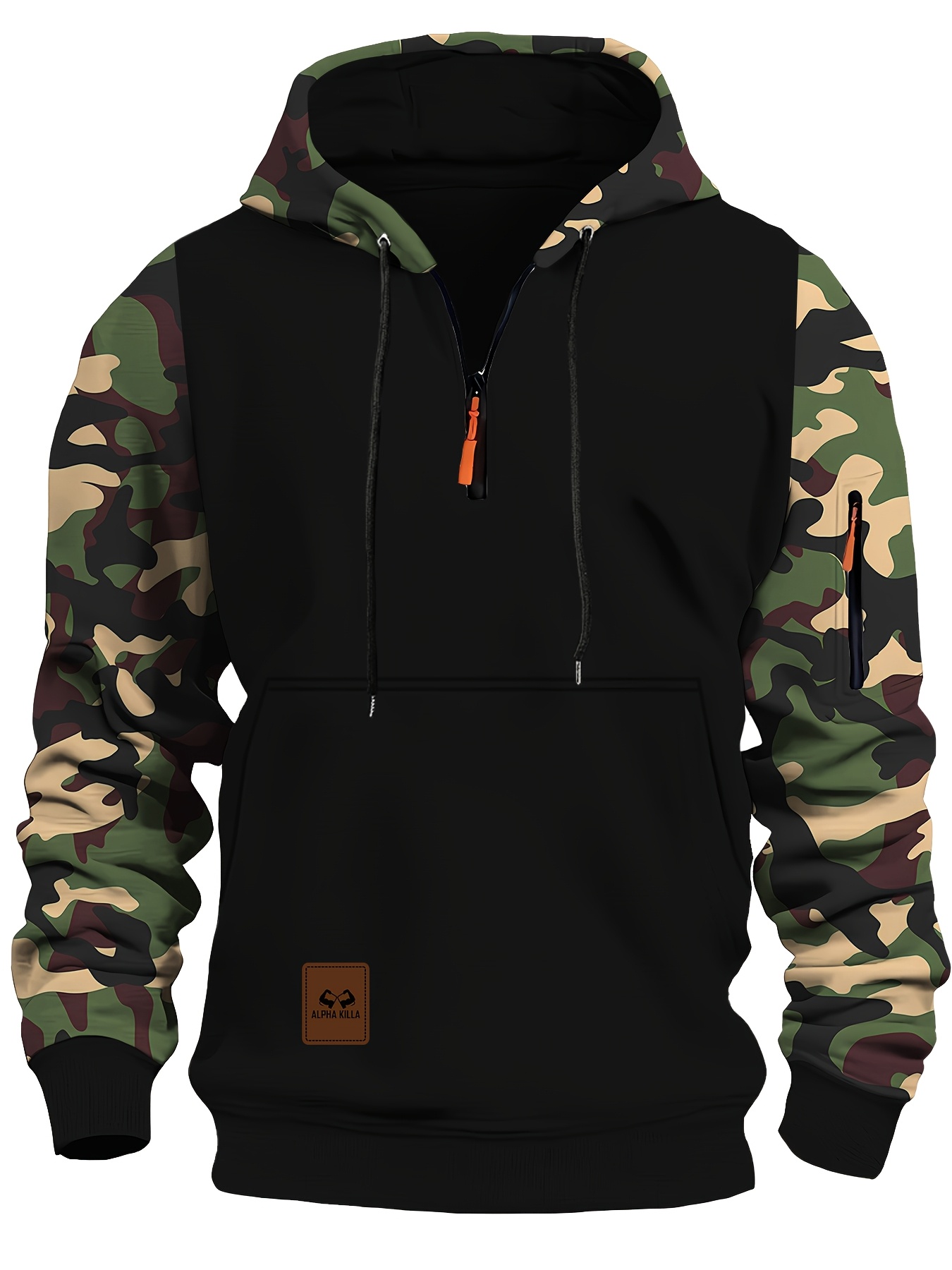 Men S Camo Hoodie with Kangaroo Pocket - Black/Orange/Gray Color  , Zippered Hooded Sweatshirt for Hunting, Camping, Gym -   Outdoor Pullover with Zipper Closure, Casual Streetwear Jacket for Men,  , Durable Fabric