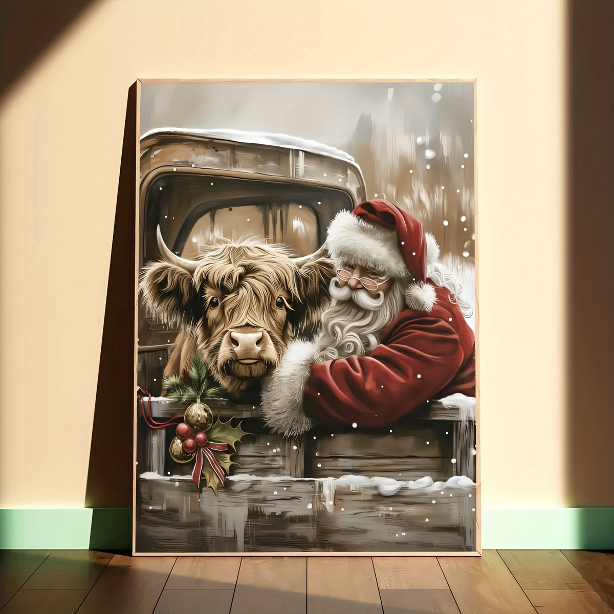TEMU 2d Flat, 1pc Frameless Christmas Santa Claus And Highland Cow Poster, Fluffy Haired Cow In Western Countryside Canvas Painting, Art, Birthday