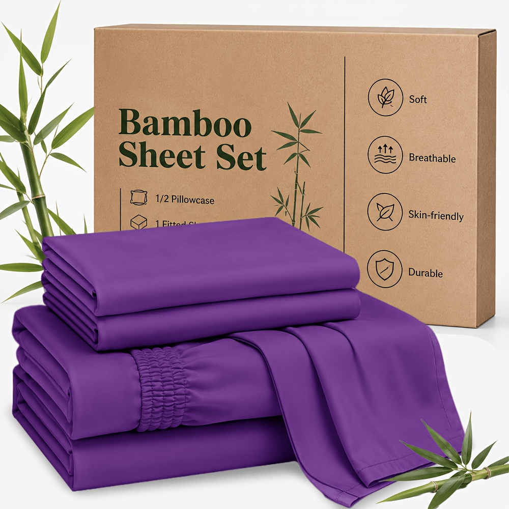 TEMU 3/4pcs Bamboo Bed Sheet Set - Bamboo Fitted Sheet And Pillowcase - Breathable Comfortable Bamboo Bedding, Wrinkle-free, Fade Resistant And