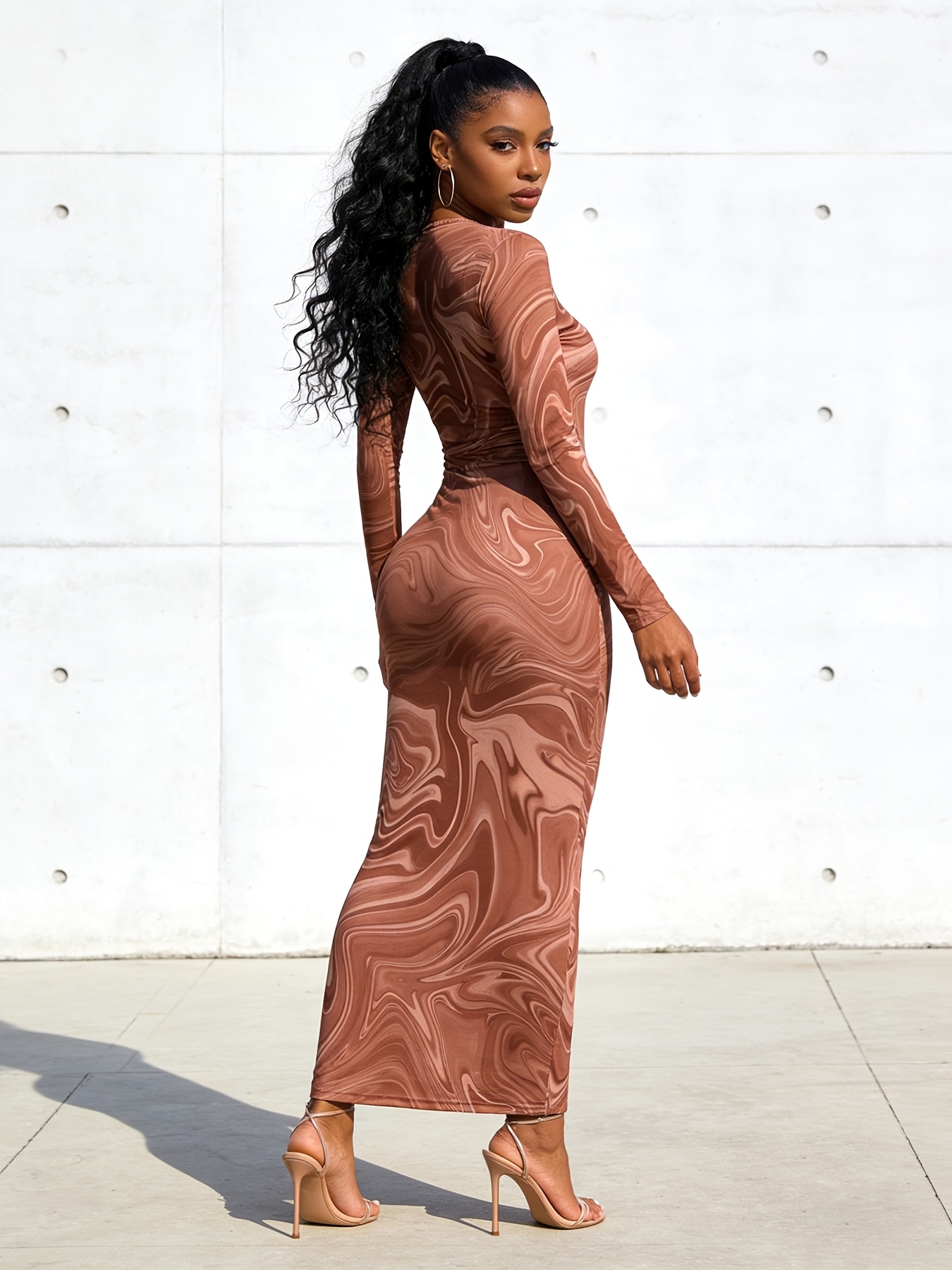 brown ripple dress BROWN RIPPLE CHIFFON PRINTED LONG SLEEVED DRESS  THA SEEN