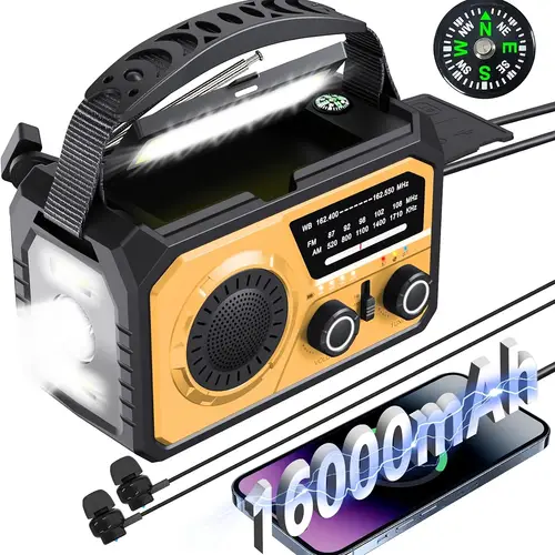 16000mah portable emergency radio with led flashlight sos siren and power bank am fm weather alerts type c charging hand crank 3 led lights compass headphone jack ideal for camping halloween christmas gifts battery operated radio for emergencies