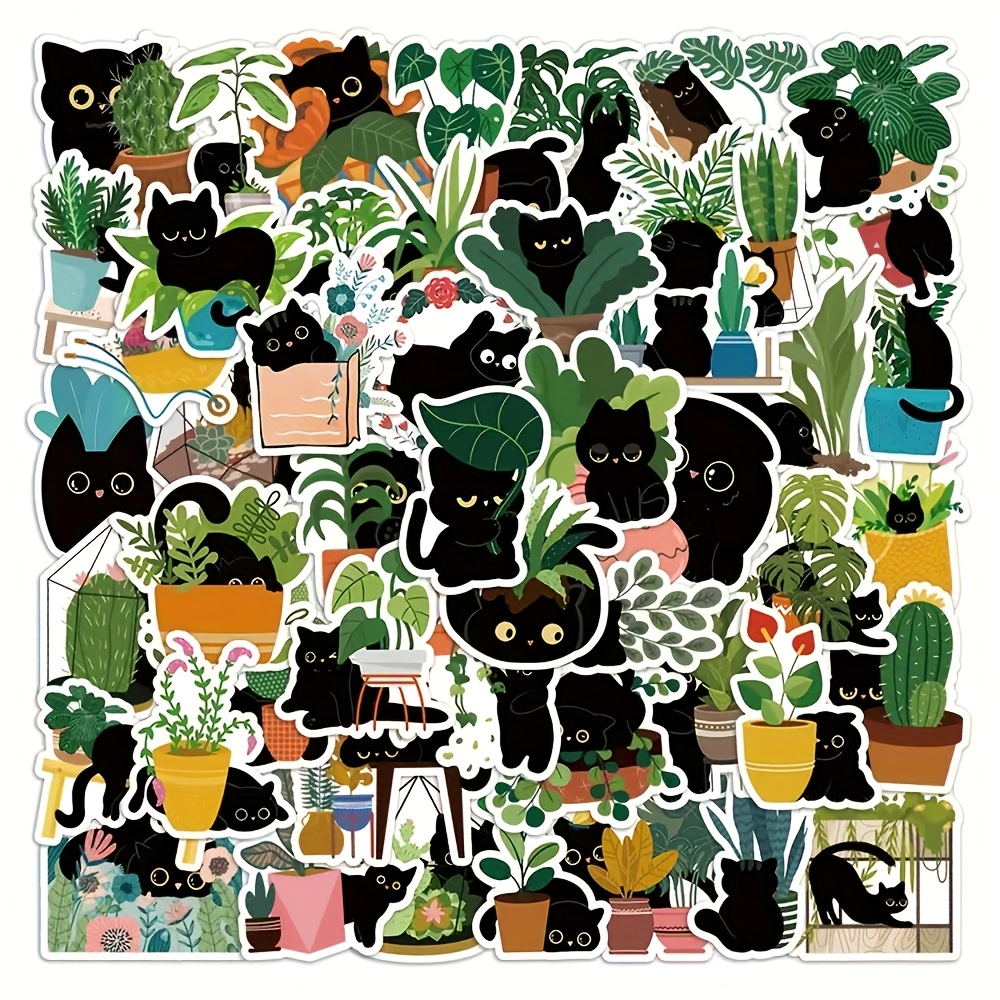 

60pcs Black Cat & Plant Cartoon Stickers - Waterproof Pvc, Reusable Decals For Laptops, Water Bottles, Skateboards - Garden- Teens