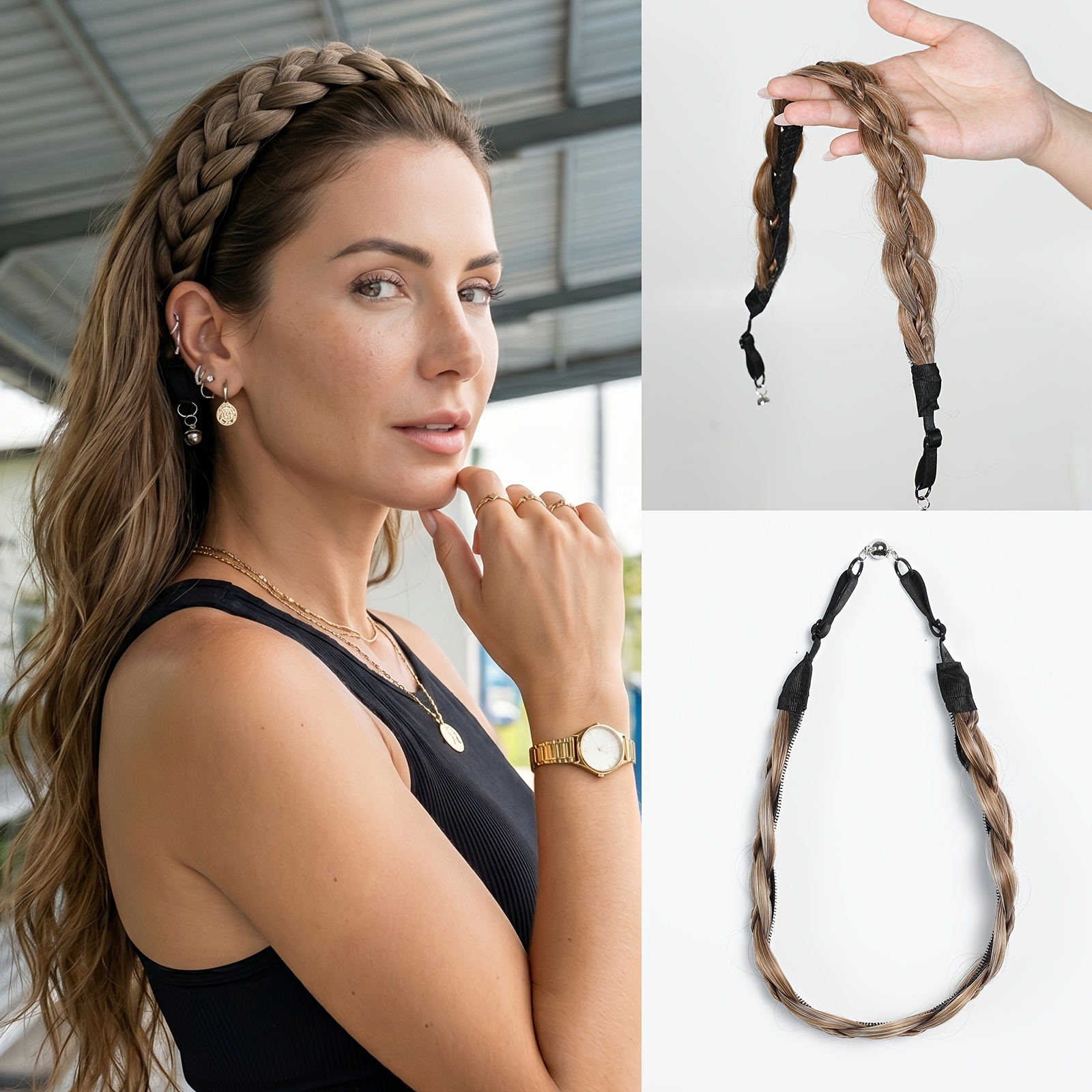 Braided Headband Wig Suitable For Non-slip Magnetic Clip- Wig With Magic Tape Design, Instant Hairstyle For Braids, Dreadlocks, Buns & Ponytails - Quick Wear Hairpiece For Parties, Daily Use, No