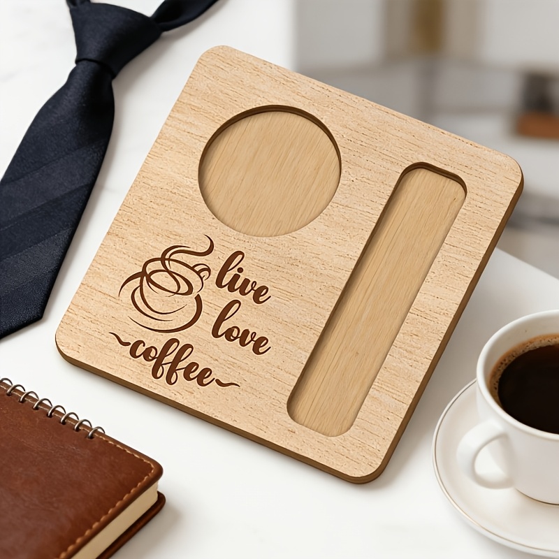 TEMU 1 stuks Live Love Koffie Houten Dienblad, Vaderdag Cadeau, Vierkante Onderzetter met Lepelslot, Leuke Houten Koffie Station Opbergdoos, Vaderdag