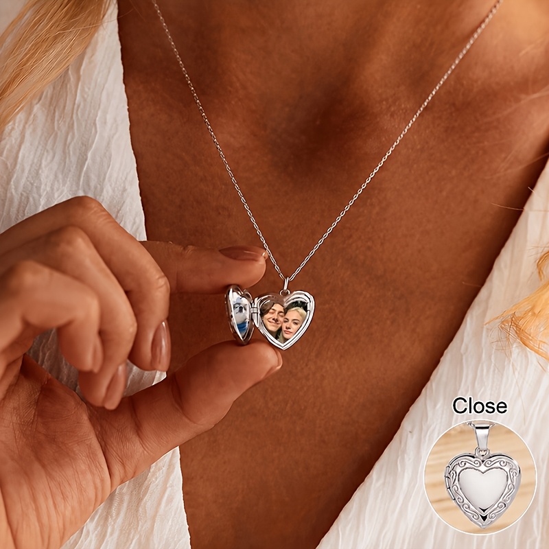 TEMU Custom Double-photo Necklace Stainless Steel Jewelry Personalized Heart Pendant Custom Commemorative Jewelry Fashion Vintage-style Women's
