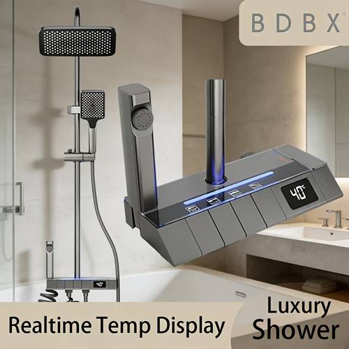 bdbx digital thermostatic shower system in luxury with a giant shower head precision temperature control versatile spray all in a sleek gunmetal grey