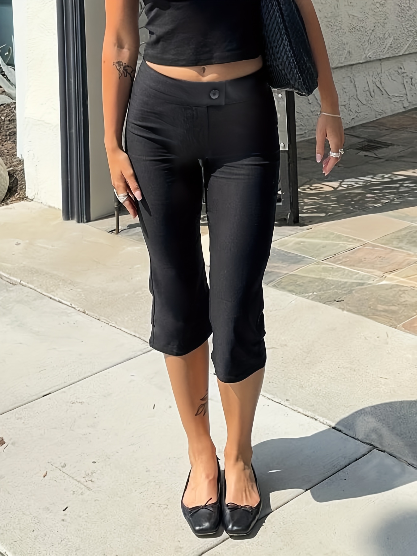 Women's Y2K Black *-Length Capri Pants with Side Stretchy  Machine-Washable Summer Trousers for Casual Formal Outfits, Versatile  Clothing, F