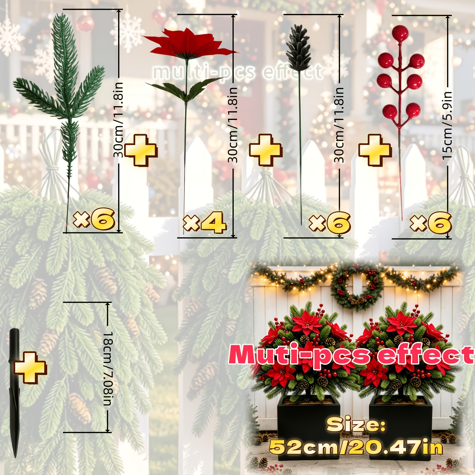 TEMU 22pcs Set Of High-end Poinsettia Pine Branch Artificial Flowers With Faux Pine Cones And Faux Berries, Including Ground Stakes - Diy Holiday