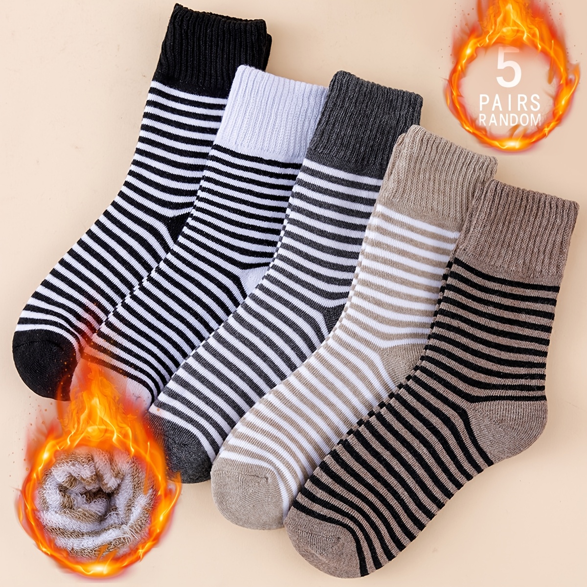 TEMU 5-pair Random /winter Unisex Fashion Vintage Thick Striped Warm Mid-calf Socks
