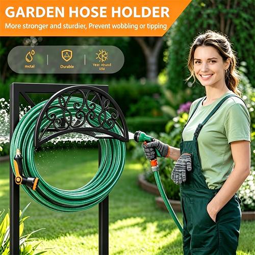 heavy duty metal garden hose holder outdoor freestanding hose rack hose not included with gloves rust resistant design with spikes for stability easy assembly for yard lawn patio garden backyard outdoor decor hose not included