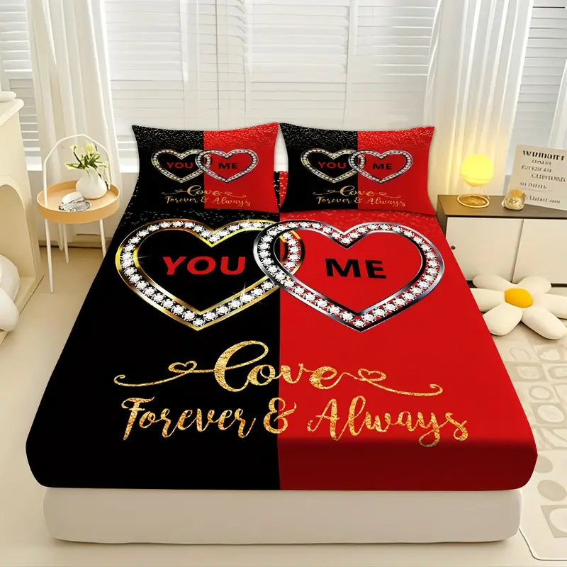 3pcs creative high definition couple heart diamond theme pattern printed bed hat set super soft comfortable and breathable bed hat bedding mattress protective cover 2 pillowcases polyester material the polyester material fabric Product details 1