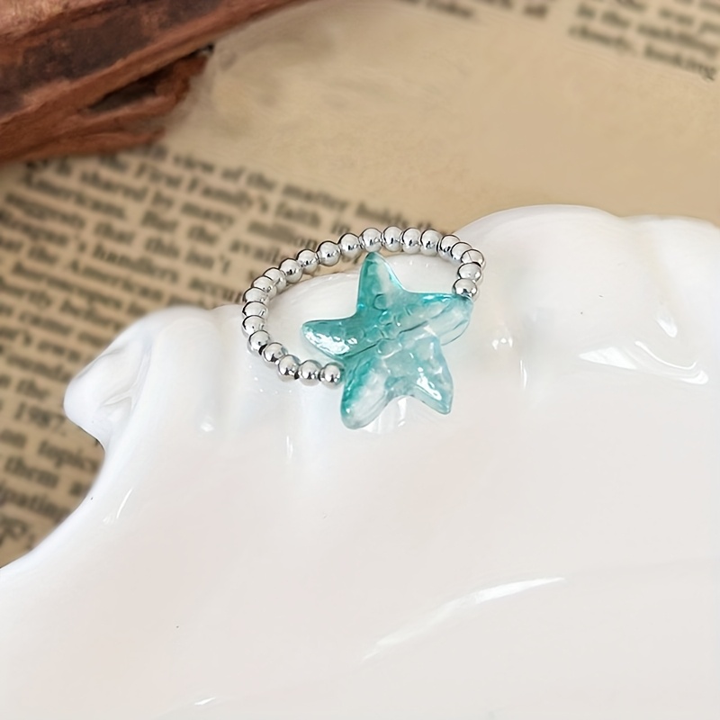 Adjustable Boho Starfish Ring with Green Beads
