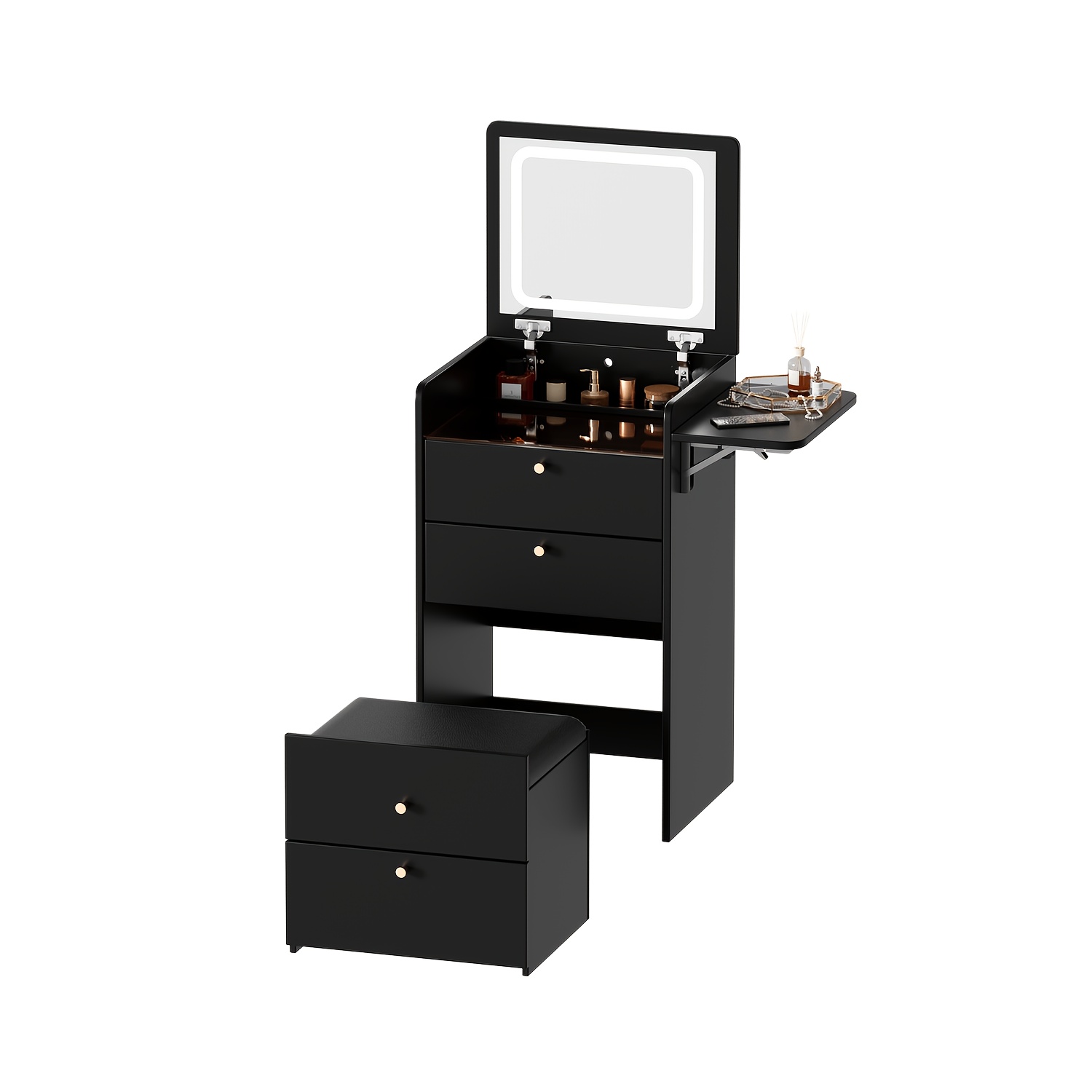 Image of Multifunctional Vanity With Hidden Stool And Folding Side Panels, Mirror, Glass Top, 3 Drawers With Handles, Vanity Set, Bedside Table, Suitable For Bedroom, Study