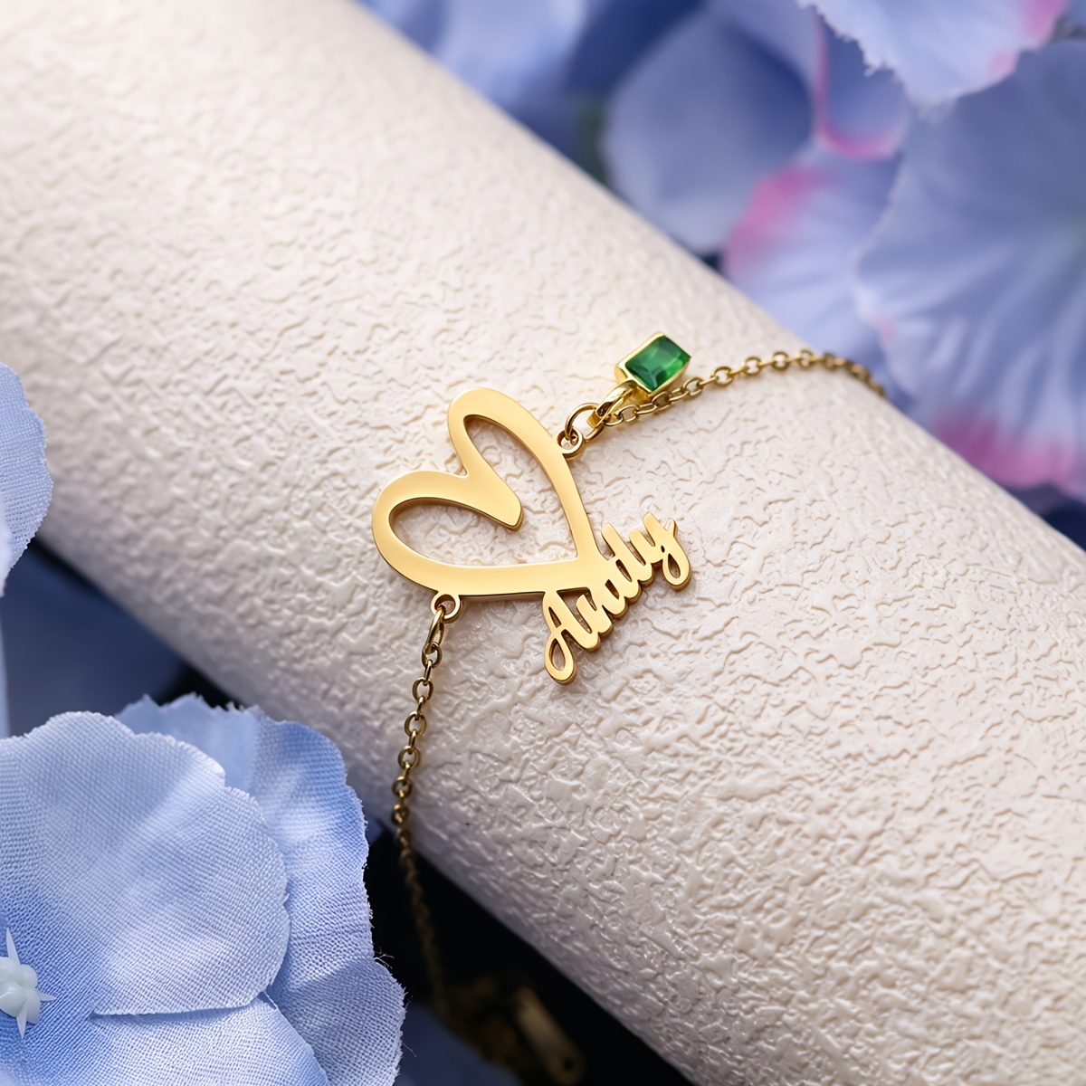Women's Custom Heart Name Bracelet with Green Crystal Charm