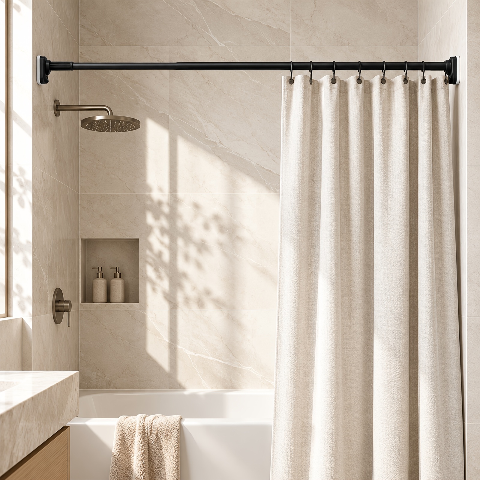 TEMU No-drill Shower Curtain Rod, 2.6-3.5m Adjustable Telescopic Curtain Rod, Heavy Duty Sturdy Tension Rod With 30 Curtain Rings, Multifunctional