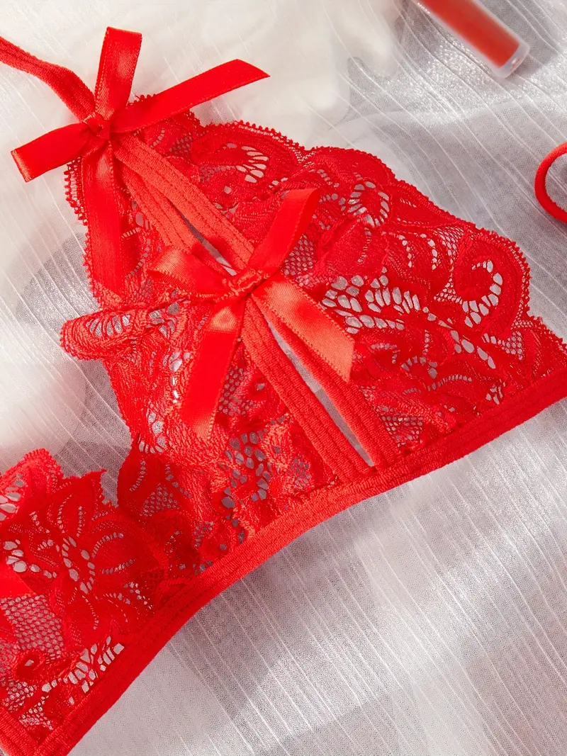 Sexy Bow Decor Thongs Crotchless Spaghetti Strap Floral Rose - Temu