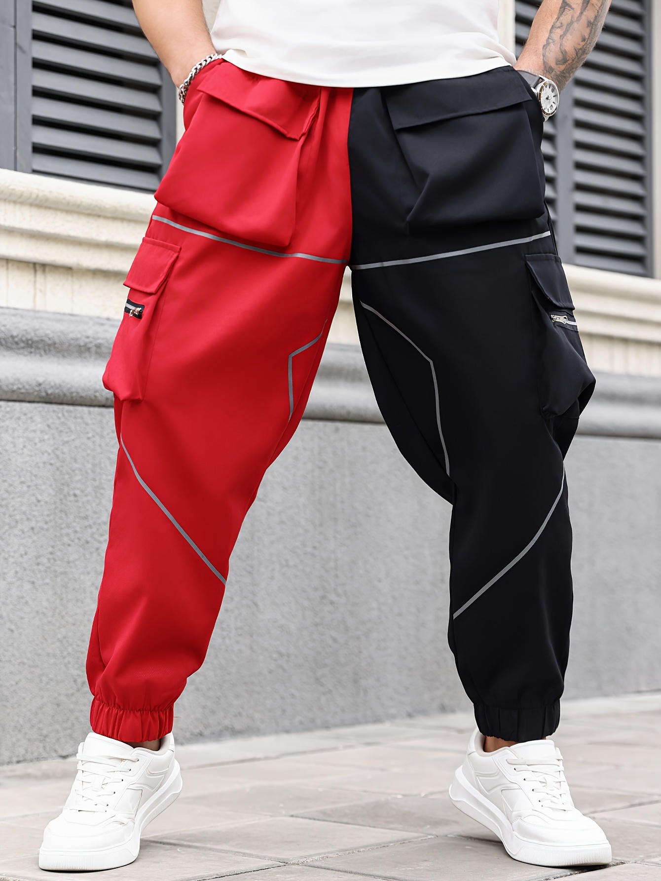 plus size men's reflective binding drawstring waist jogger