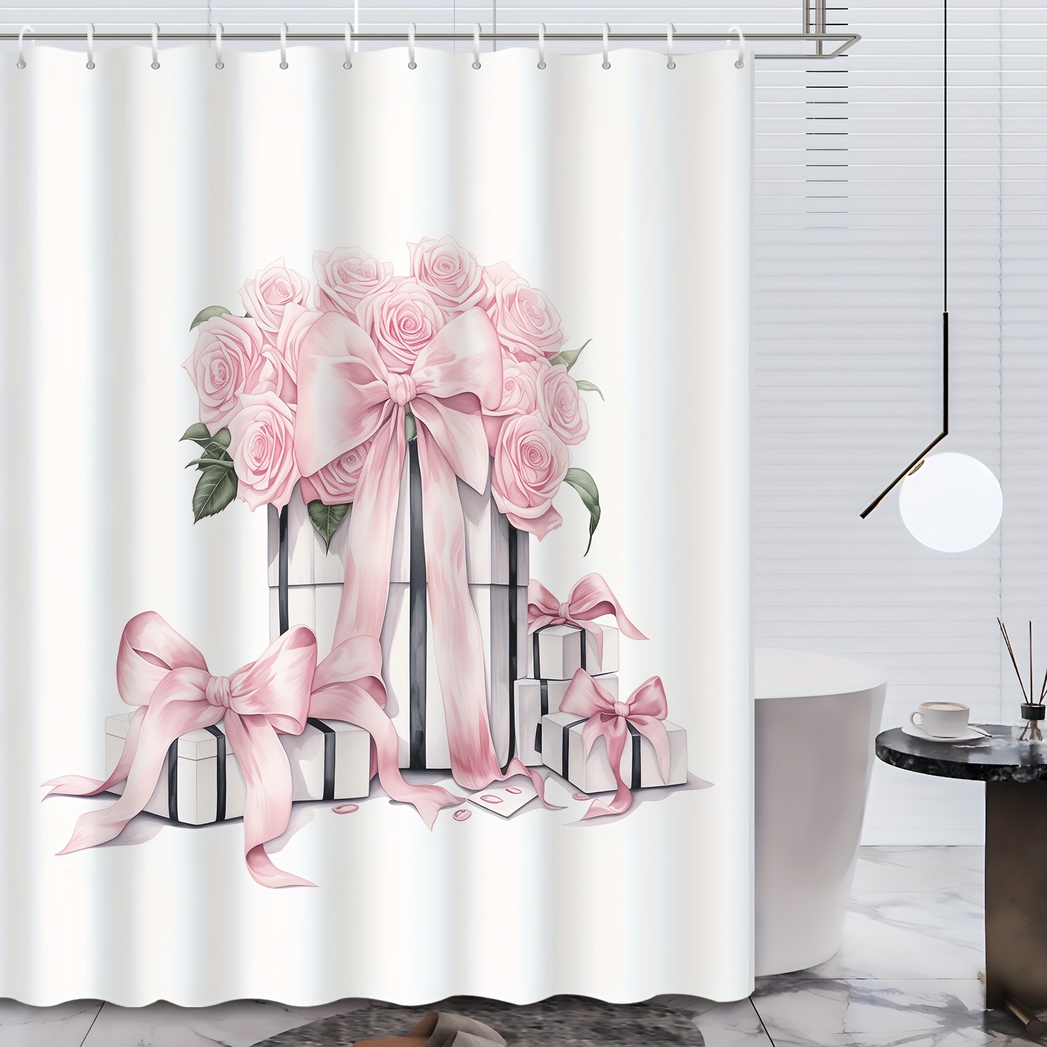

1pc Pink Bow Floral Pattern Shower Curtain, Water-repellent Shower Curtain Includes Hanging Hooks, Mildew Resistant Bath Divider, Decorative Bathroom Partition Accessories