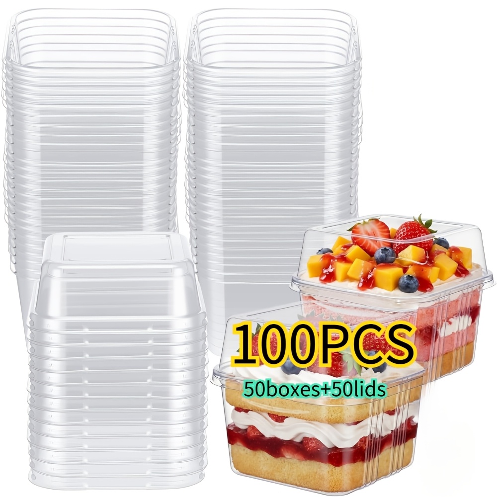100 Stück Dessertbecher aus Kunststoff, Tiramisu Kuchenbecher mit Deckel (50 Becher und 50 Deckel), quadratische Dessertbehälter. Ideal für Mousse, Obst, Kuchen, Desserts und Pudding. * * mit glatten