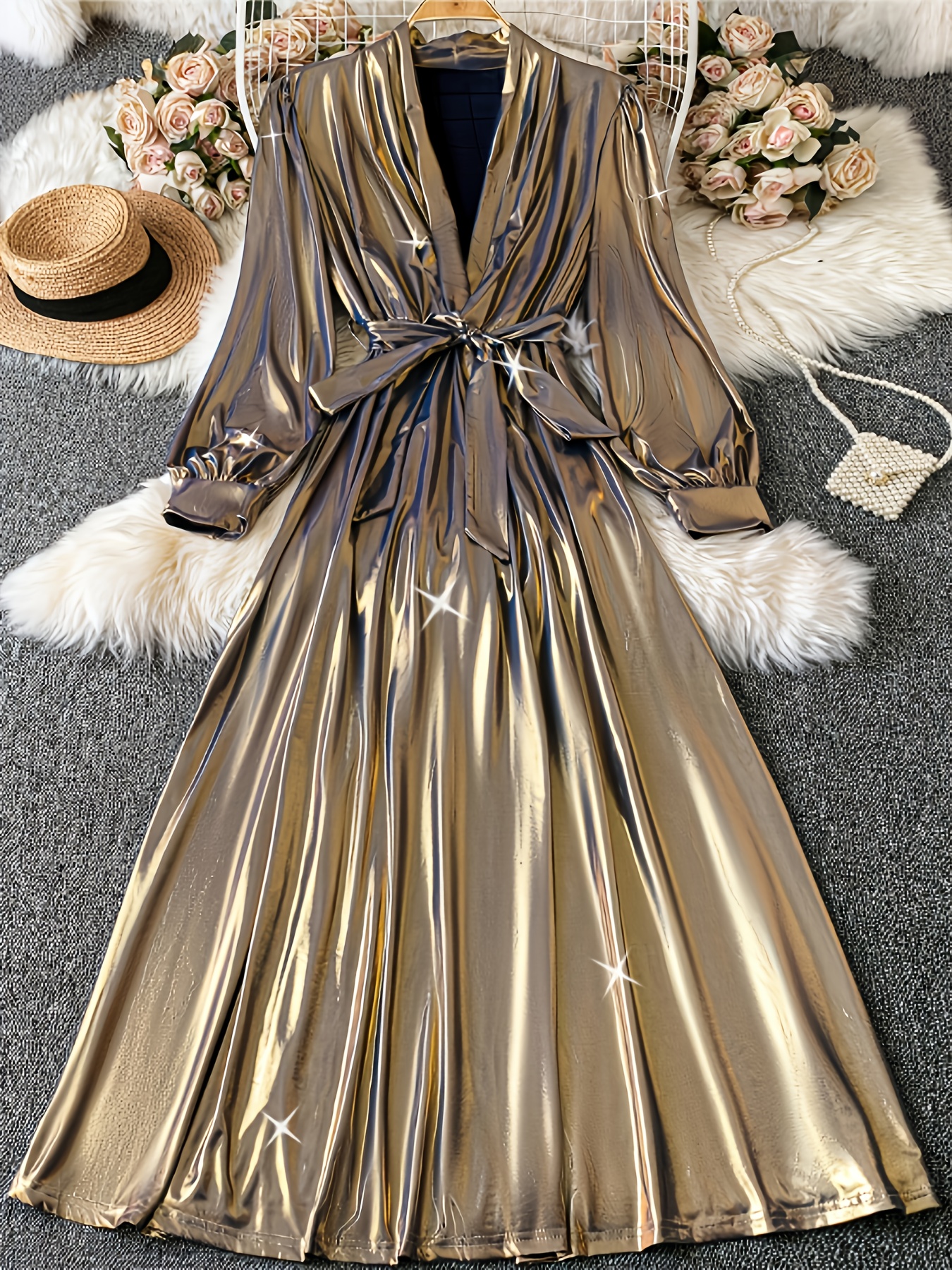 knee length dresses for ladies Plus Size Metallic Dress Long Formal R&M Richards 3273W main image 1