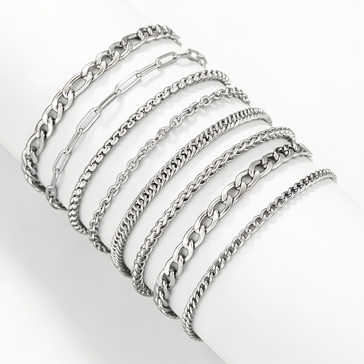 8pcs 7.5 Inch Stainless Steel Stackable Chain Bracelet Set For Men Women, Cuban Link Elongated Link Chain Bracelets, Punk Hip Hop Jewelry Gift