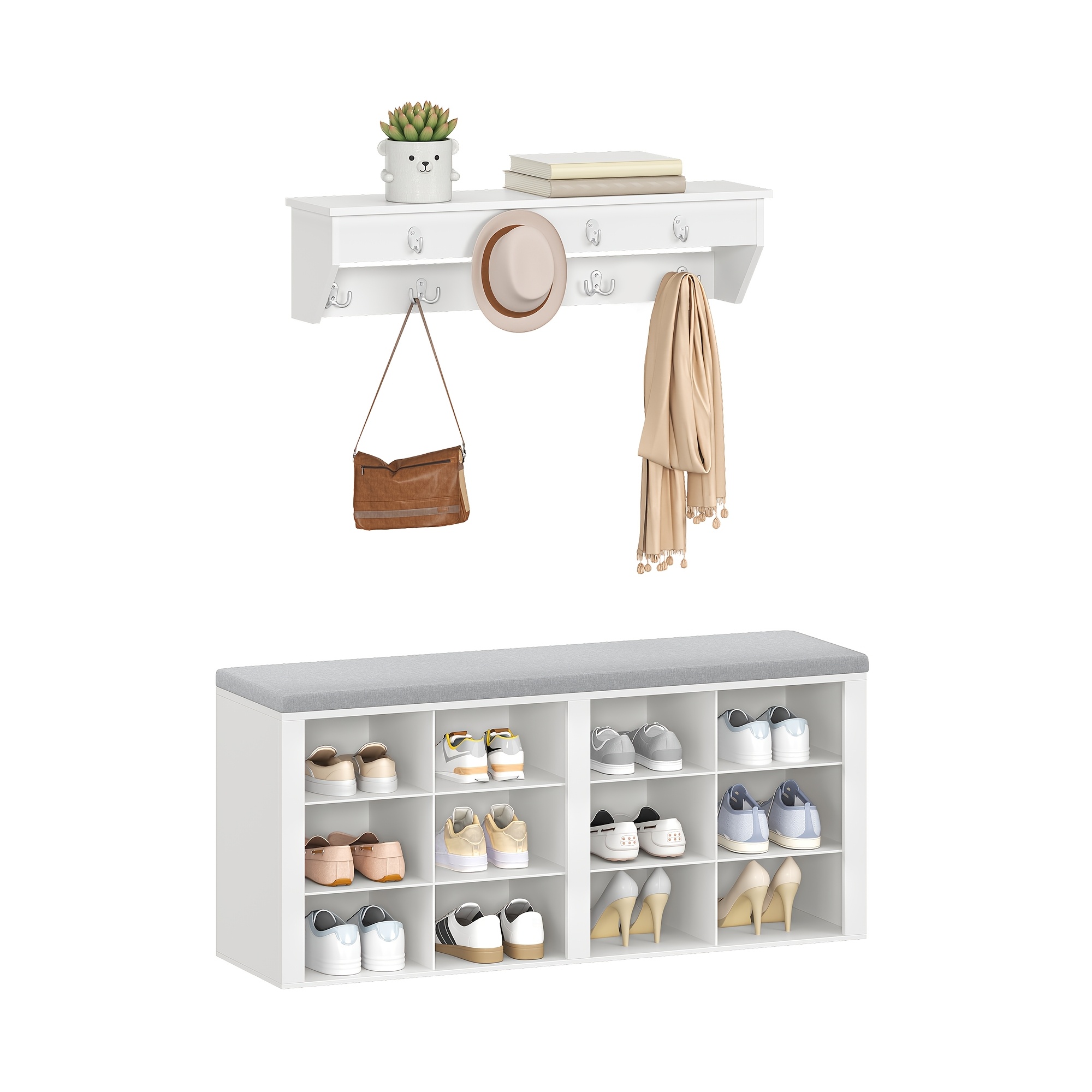 Wardrobe Shoe Rack Set, Shoe Bench With Cushion, Entrance Bench 30 X 104 X 49cm, Wall Coat Rack With 9 Hooks Coat Hooks With Shelf For Living Room, Bedroom, Entrance Area, White-gray, Hzuaneri