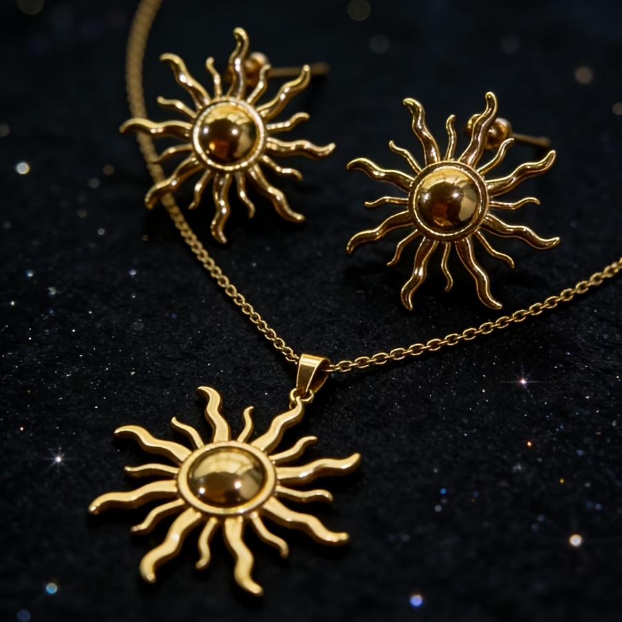 TEMU 1 Pair Of Vintage-style Golden Stainless Steel Three-dimensional Sun Pattern Decorative Stud Earrings And Necklace Set, Suitable For Women's