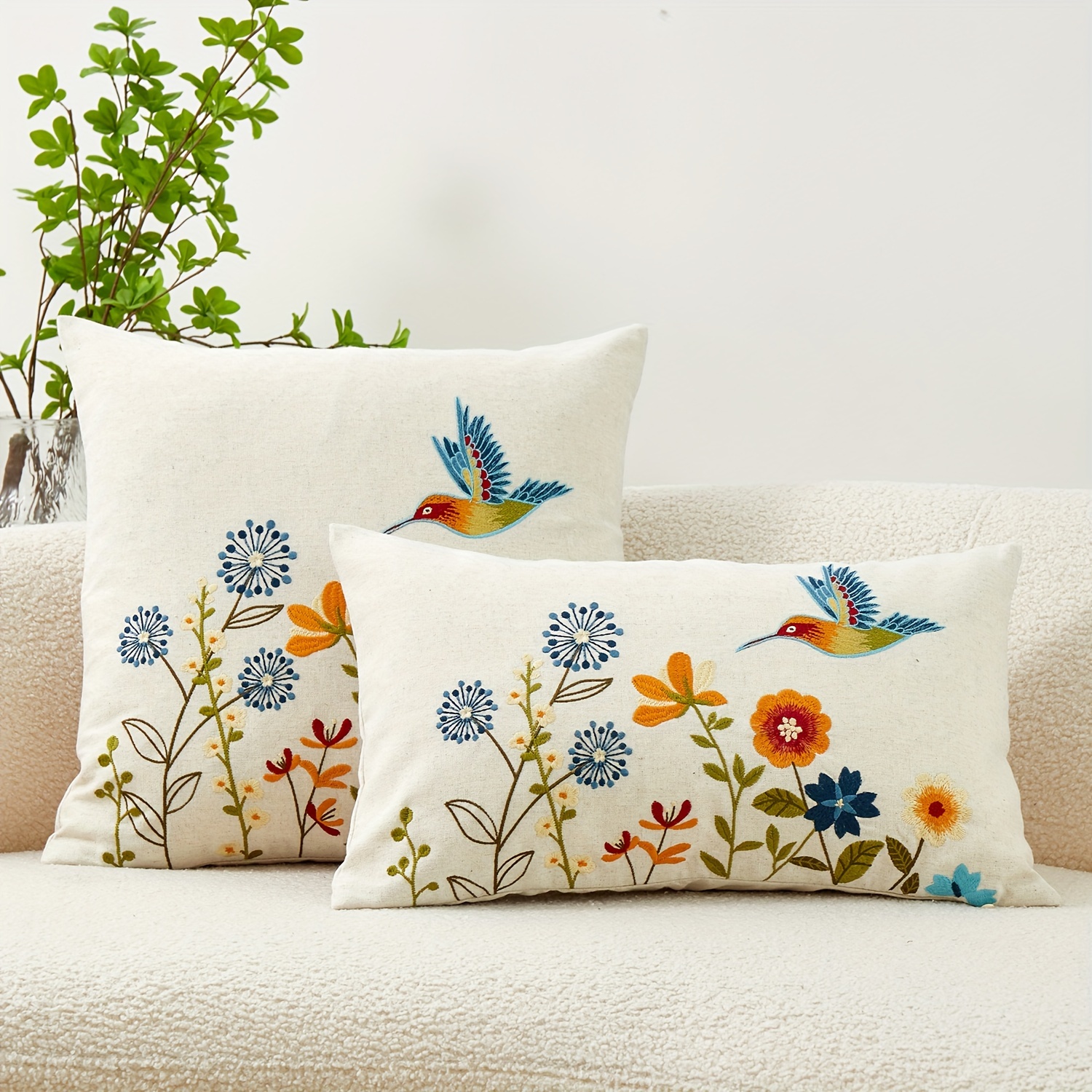 

1pc Traditional Style Floral Hummingbird Embroidered Pillow Cover, Polyester Linen With Zipper, Machine Washable, For Home & Kitchen Decor, Multiple Sizes