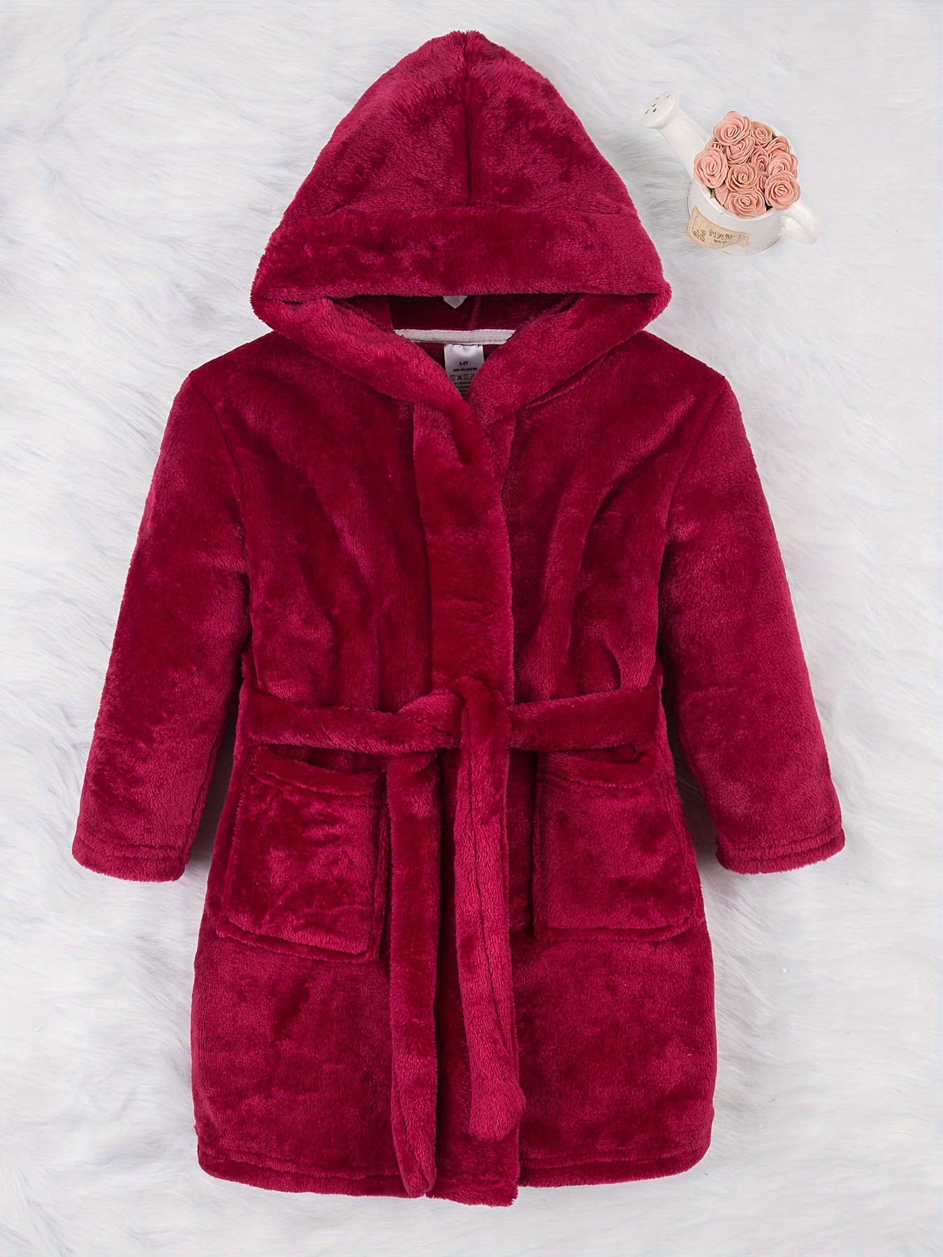 girl's elegant solid thickened flannel hooded bathrobe warm Temu