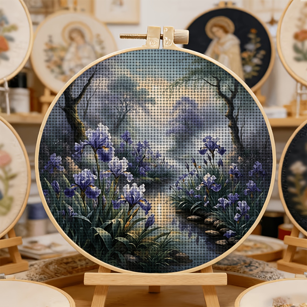 Cross Stitch Printed Kit, Frameless, Purple Flowers by The Stream Pattern