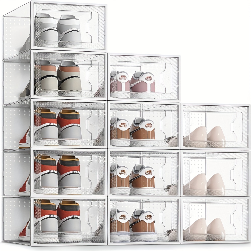 

1pc Clear Plastic Stackable Shoe Storage Boxes, Modular Closet Organizer, Dustproof Container With Drawer Front Opening, White Shoe Display Case For Sneakers