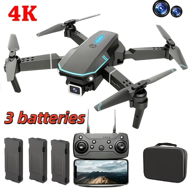   e88 pro max     with a visual screen remote control or a regular remote   is   with dual cameras 3 2 1 batteries brushless motor and obstacle avoidance function one hour   led lights a foldable