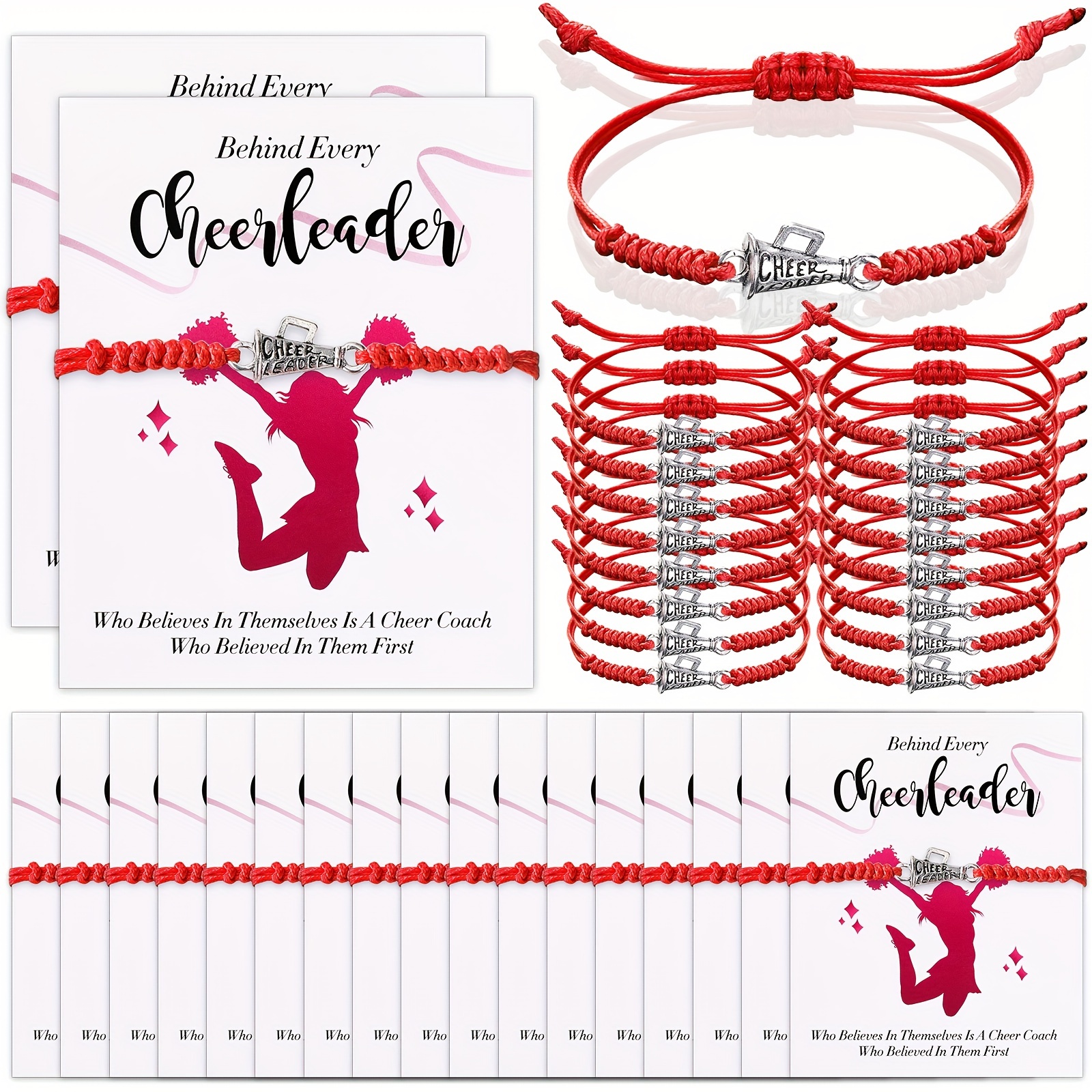 

60 Pcs Bracelet Bulk Team Girls Charm And Wish Card Cheerleader Adjustable Jewelry Accessories (red)