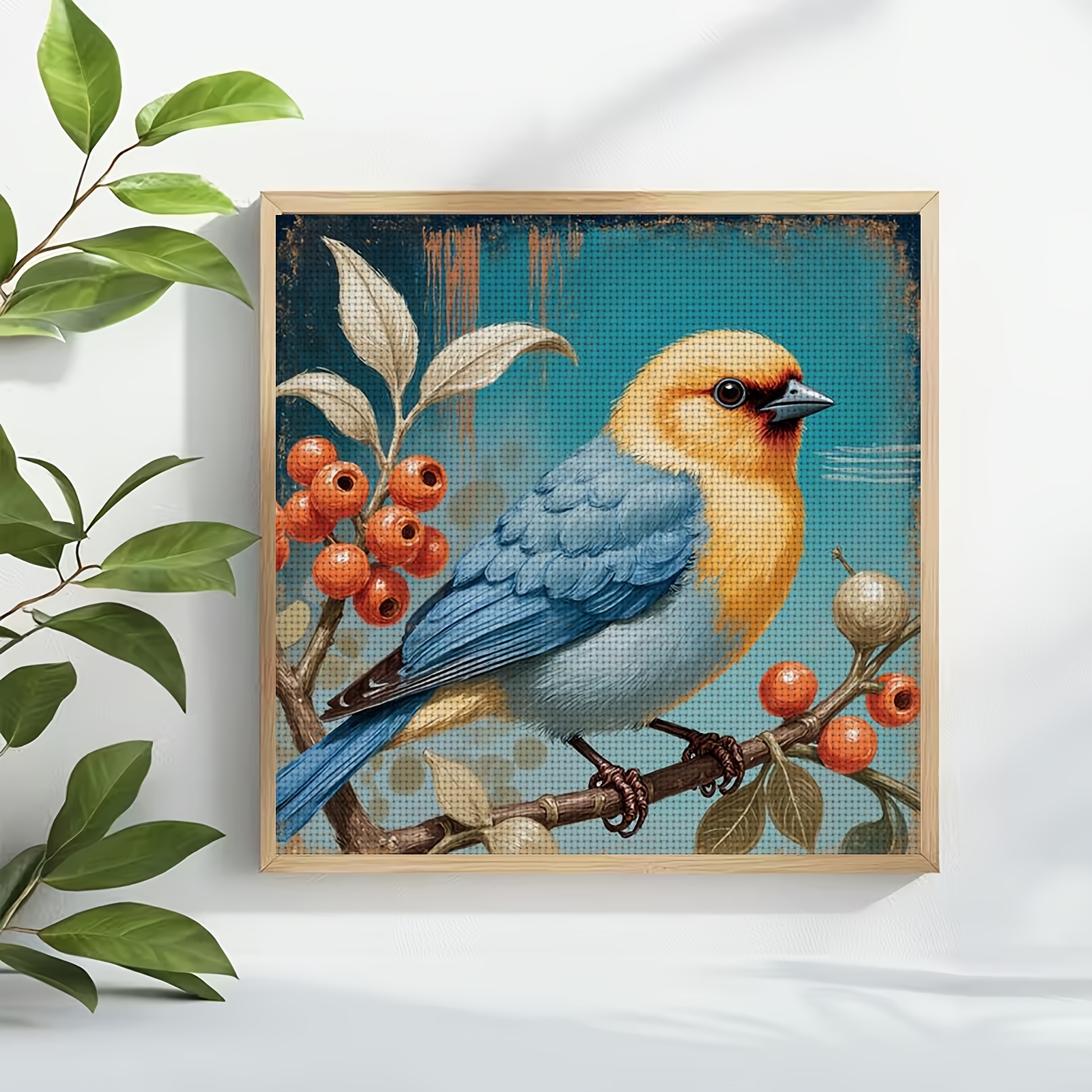 Cross Stitch Kit "Colorful Bird on Berry Branch" Pattern, Ideal for Beginners