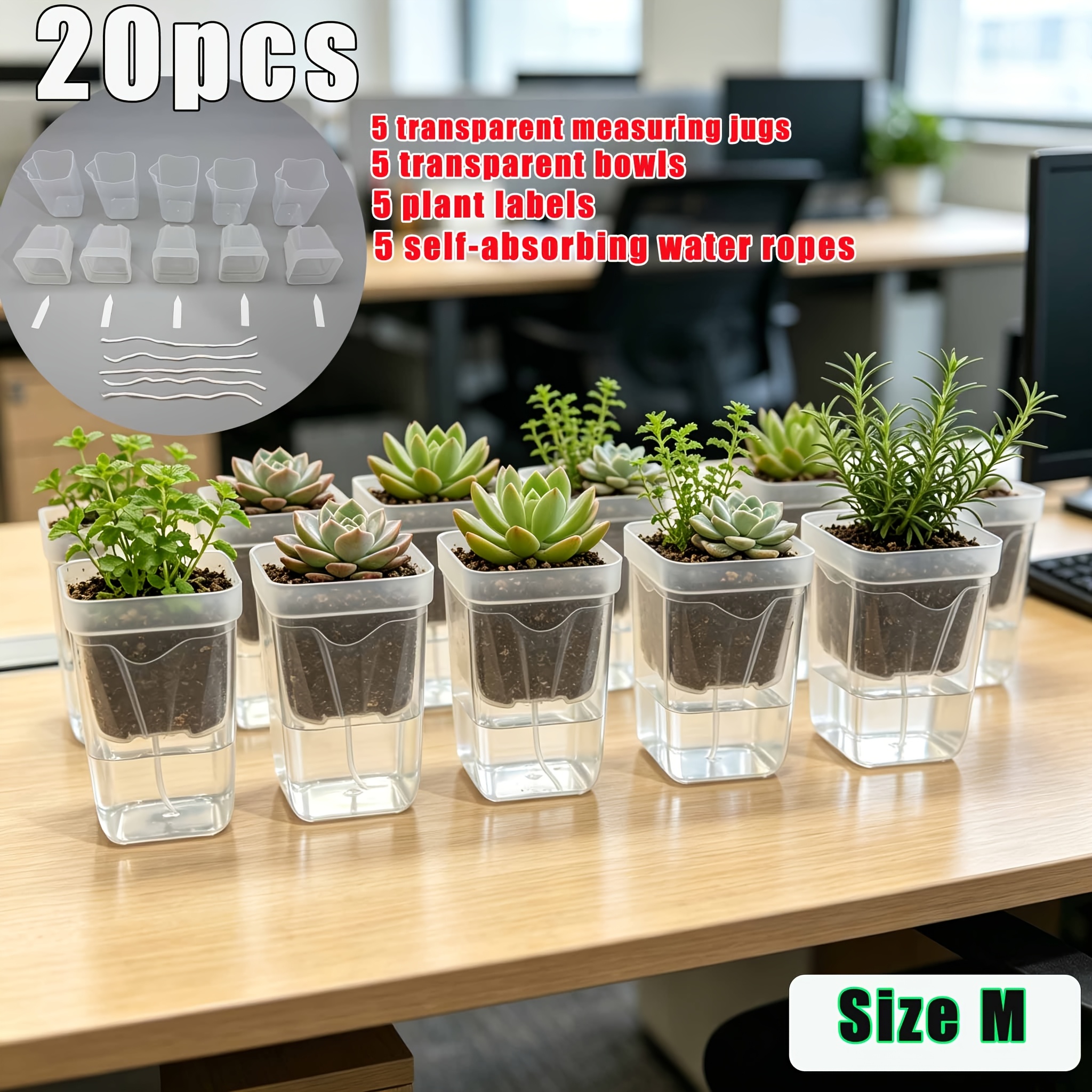 TEMU Juego de macetas autoirrigables transparentes tamaño 20 piezas (5 jarras medidoras transparentes + 5 tazones transparentes + 5 etiquetas para