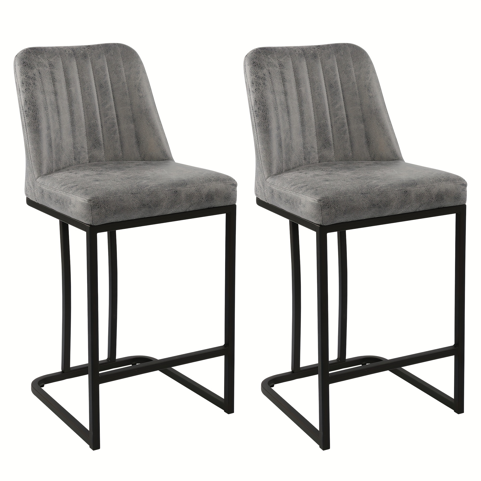 

24 Inches Counter Height Bar Stools With Padded Back, Modern Upholstered Counter Stool Chairs With Black Metal Frame, Grey, Set Of 2