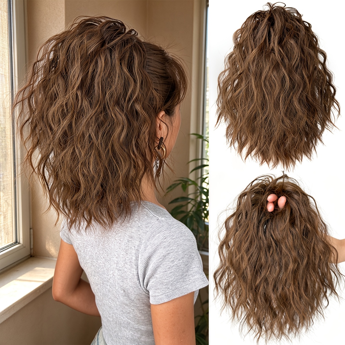 TEMU Extensión de coleta elástica de fácil uso, postizo de coleta sintético despeinado y suelto con ondas rizadas, coleta esponjosa y voluminosa para