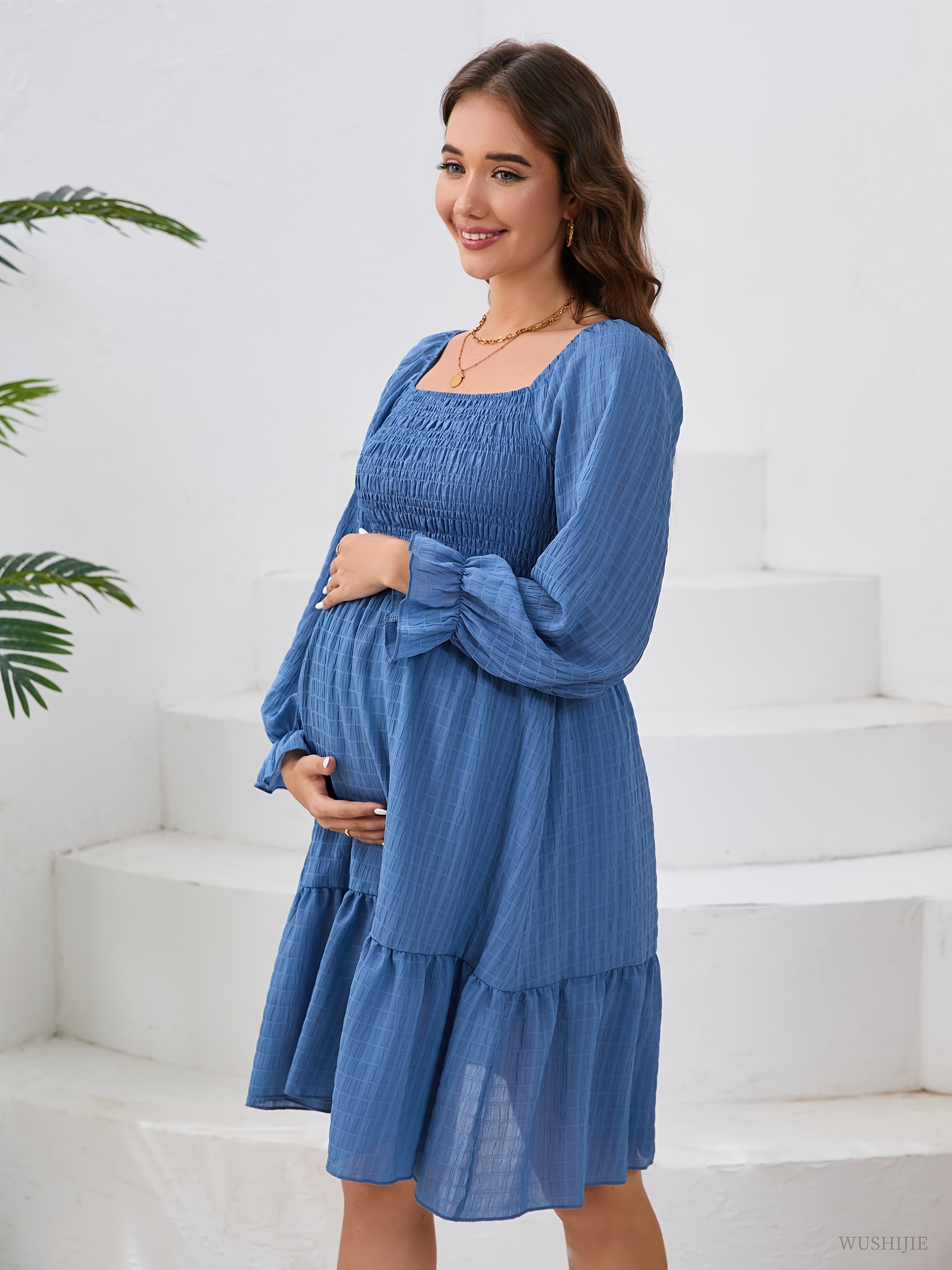 Solid Long Sleeve Square Neck Maternity Dress