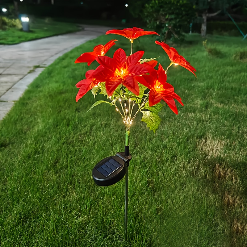 TEMU 1pc Solar-powered Christmas Poinsettia Artificial Flower Lights, Suitable For Garden Lawn Yard Decoration On New Year's And Christmas, Outdoor