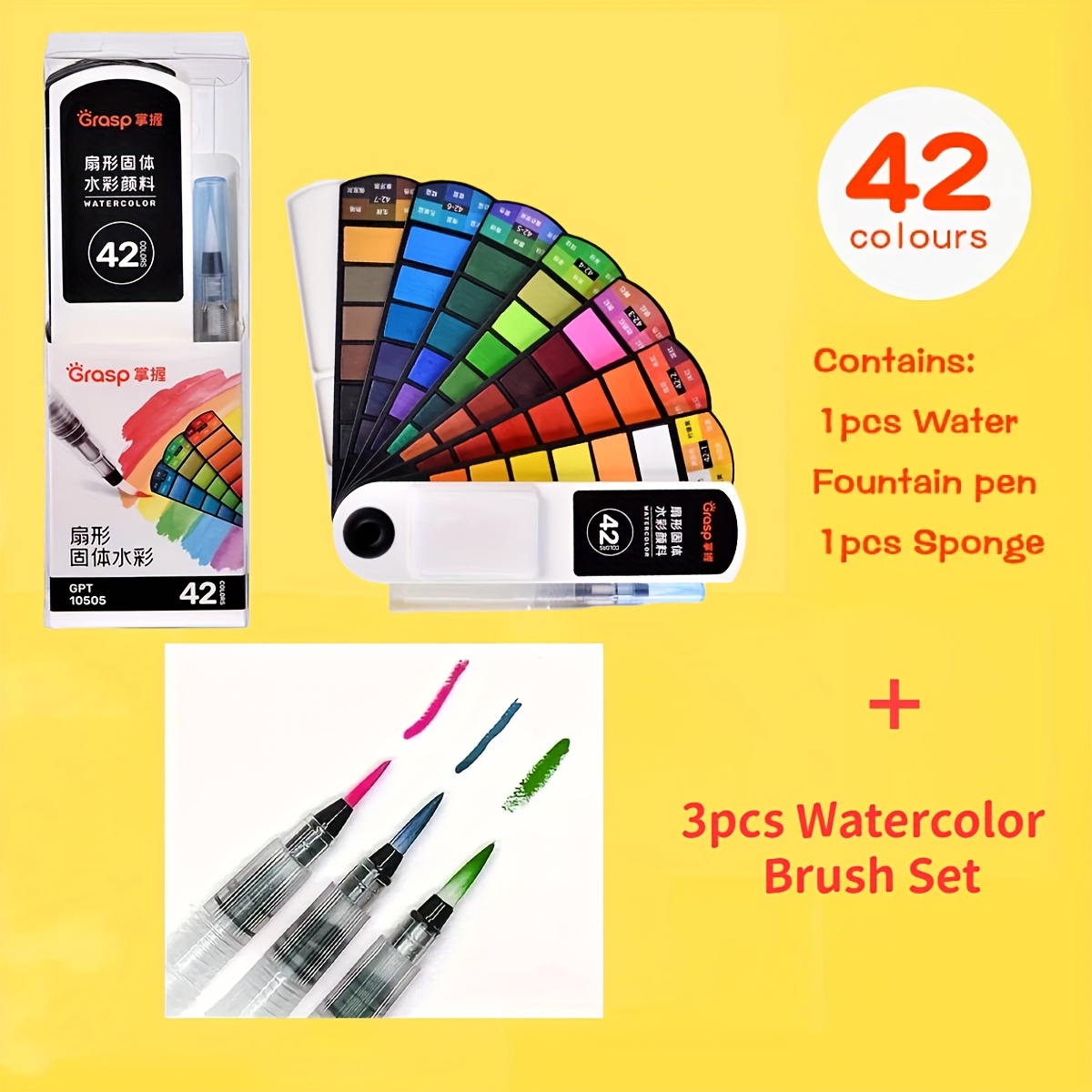 18/24/36/42/60 Solid Watercolor Pigment Set Foldable Travel Watercolor With Water Brush Pen Art Specific Fan Shaped Painting Tool, With 1/4pcs Refillable Water Brush Pens