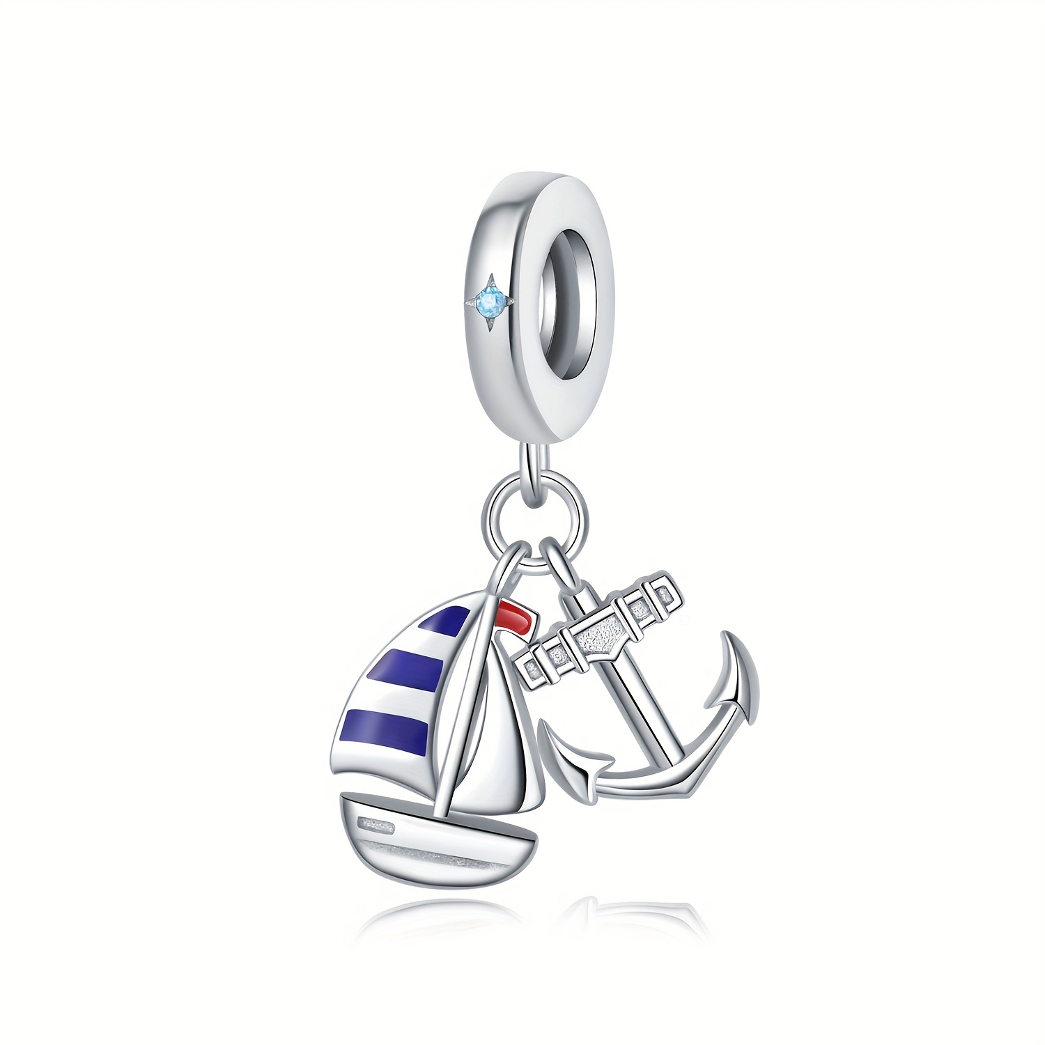 Image of 1pc 925 Silvery Plated Summer Sailboat Anchor Pendant Diy Silvery Charm Suitable For Original Bone Bracelet, Women' Wear Valentine's Day Gift Jewelry