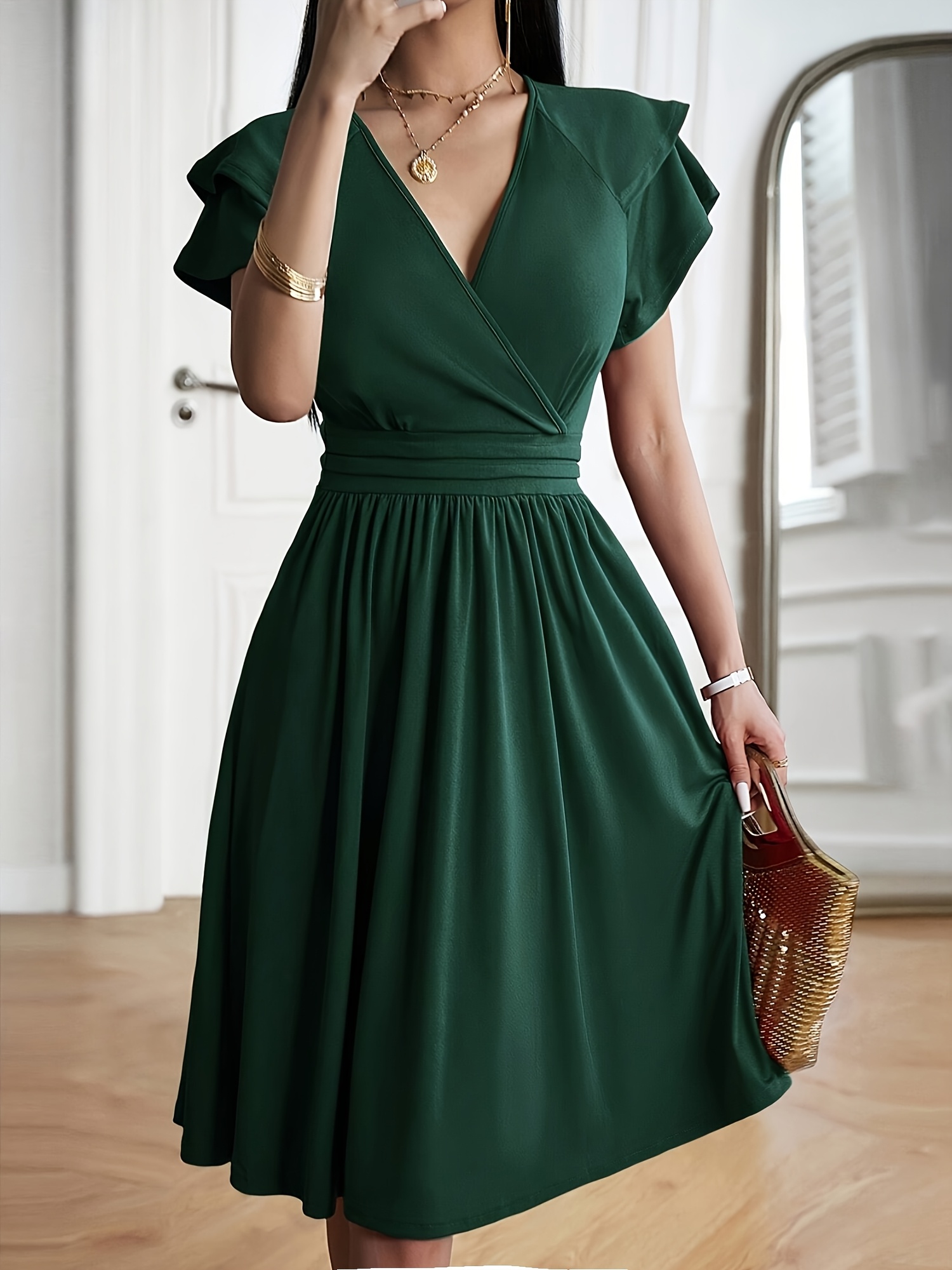 Breathable Cotton Blend Solid Color V Neck Ruffled Sleeve Midi Date Nights \u0026 Garden Parties Dress womens elegant emerald green vintage dress flared flutter - Temu